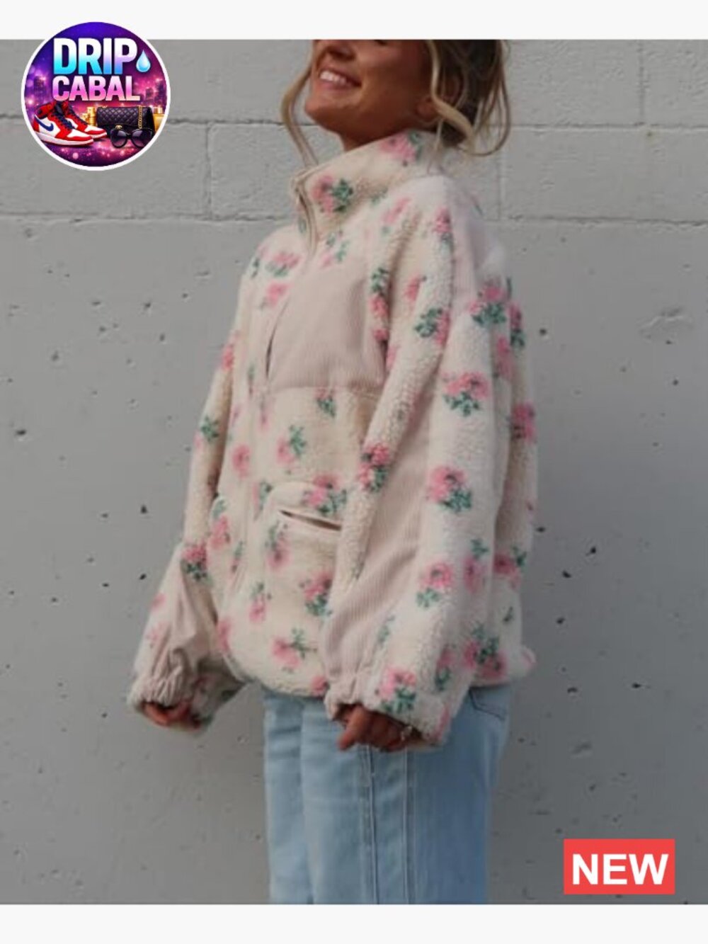 Women's Winter Casual Spliced Floral Fleece Jacket Fuzzy Oversized Faux Fur - Picture 2 of 7
